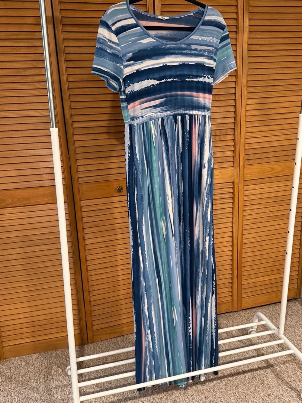 EGS by Éloges Blue Abstract Watercolor Short Sleeve Maxi Dress Size M/L pockets